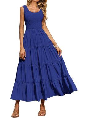 Women's Dress Maxi Royal Blue Polyester Scoop Neck Short Vacation Casual Summer